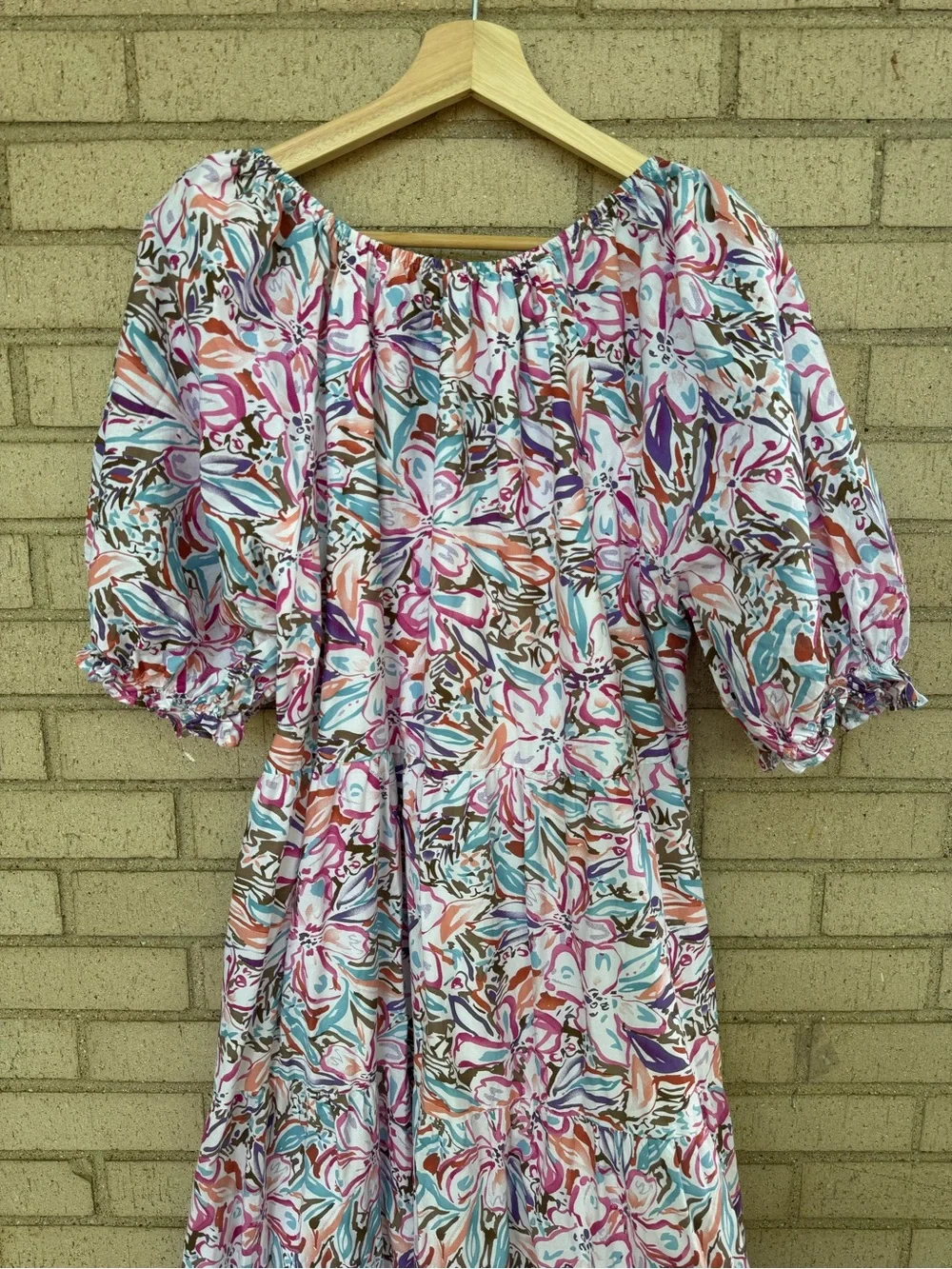 Sofie the Label Puff-Sleeve Tiered Midi Dress Pink Multi Boho Floral Large - Picture 8 of 9